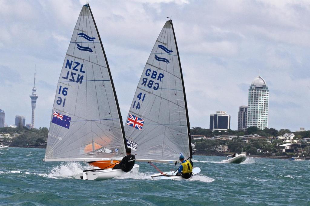 Andrew Murdoch (NZL) chases Series leader Giles Scott (GBR) Race 9  Finn Gold Cup Takapuna © Richard Gladwell www.photosport.co.nz